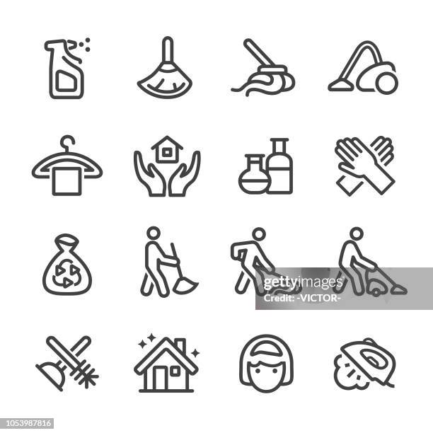 cleaning icons set - line series - work gloves stock illustrations