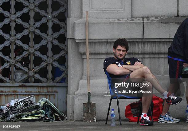 Brendan Fevola of the Lions looks on during training at Jiangwan Sports Centre on October 14, 2010 in Shanghai, China. The Melbourne Demons will play...