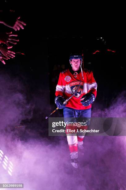 Jacob MacDonald of the Florida Panthers heads to the ice during introductions prior to their season home opener against the Columbus Blue Jackets at...