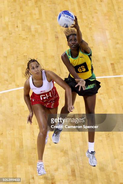 Romelda Aiken of Jamaica and Geva Mentor of England compete for the ball in the Women Finals Bronze medal match between England and Jamaica at the...