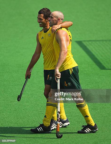 Jamie Dwyer and Glenn Turner of Australia celebrate winning the Men's Gold medal match between Australia and India at the Major Dhyan Chand National...