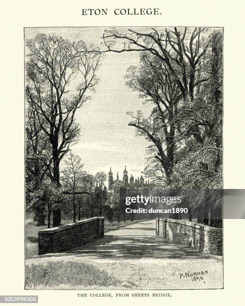 eton college from the sheeps bridge, 19th century - eton college stock illustrations