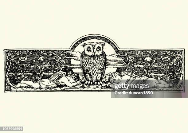 ilustraciones, imágenes clip art, dibujos animados e iconos de stock de buho sabio vigilando dormitorio ángeles - grabado en madera