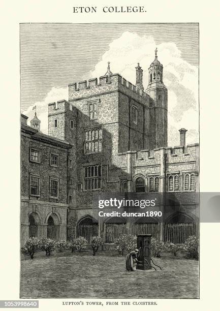 lupton's tower, eton college, from the cloisters, 19th century - eton college stock illustrations