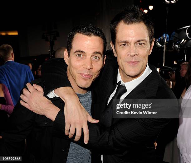 Actors Steve O and Johnny Knoxville arrive at the premiere of Paramount Pictures and MTV Films' "Jackass 3D" at the Chinese Theater on October 13,...