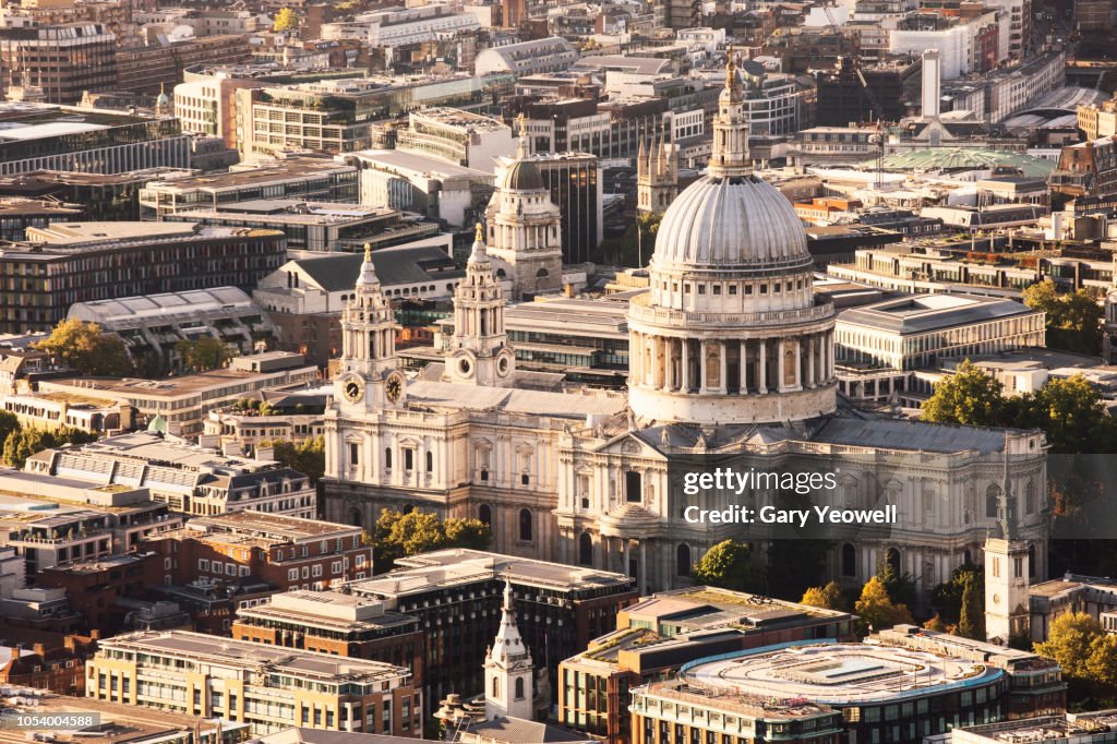 Aerial view over London financial district and St Paul's Cathedral