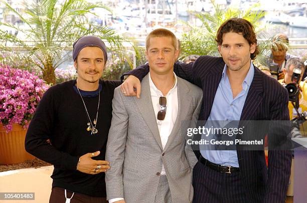 Orlando Bloom, Brad Pitt and Eric Bana during 2004 Cannes Film Festival - "Troy" Photocall at Palais Du Festival in Cannes, France.