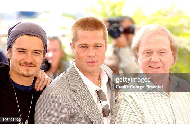 Orlando Bloom, Brad Pitt and Wolfgang Petersen during 2004 Cannes Film Festival - "Troy" Photocall at Palais Du Festival in Cannes, France.