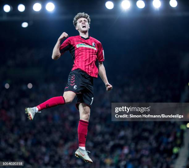 Luca Waldschmidt of Freiburg celebrates a goal during the Bundesliga match between Sport-Club Freiburg and Borussia Moenchengladbach at...
