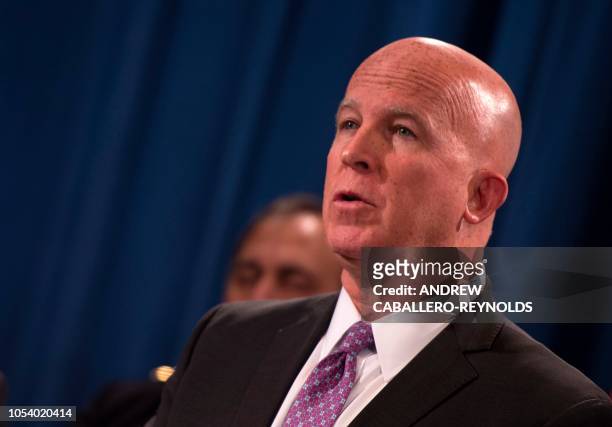 New York City Police Commissioner James O'Neill speaks during a press conference at the Department of Justice in Washington, DC on October 26, 2018...