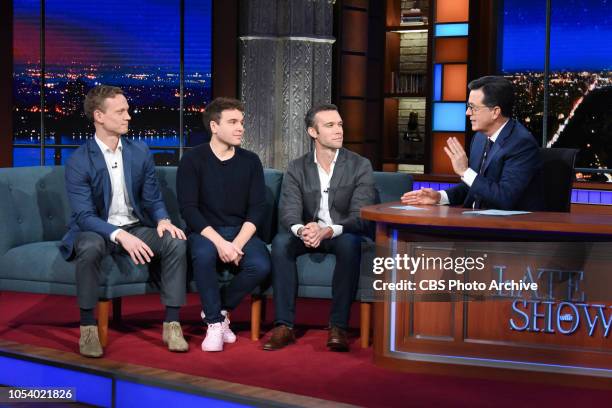 The Late Show with Stephen Colbert and guest Jon Favreau, Jon Lovett, Tommy Vietor during Tuesday's October 23, 2018 show.