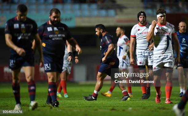 Manu Leiataua of Perpignan is sent off after a high tackle on Rob Webber of Sale Sharks during the Challenge Cup match between Perpignan and Sale...