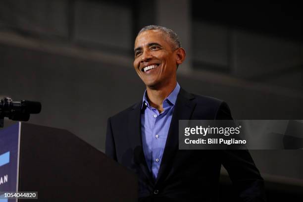 Former President Barack Obama speaks at a rally to support Michigan democratic candidates at Detroit Cass Tech High School on October 26, 2018 in...