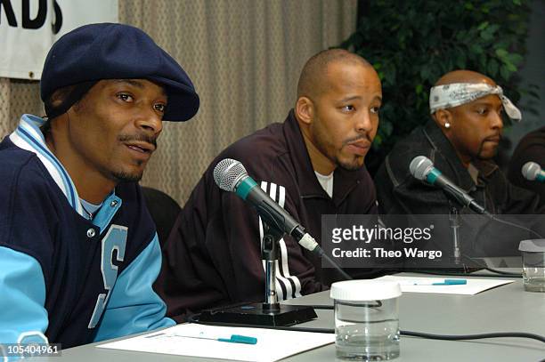 Snoop Dogg, Warren G and Nate Dogg during Snoop Dogg, Nate Dogg and Warren G Form Hip Hop Supergroup 213 at Millenium Hotel in New York City, New...