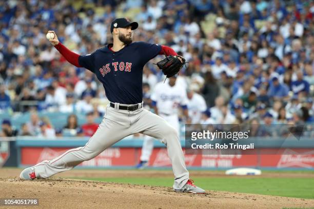 Rick Porcello of the Boston Red Sox pitches during Game 3 of the 2018 World Series against the Los Angeles Dodgers at Dodger Stadium on Friday,...