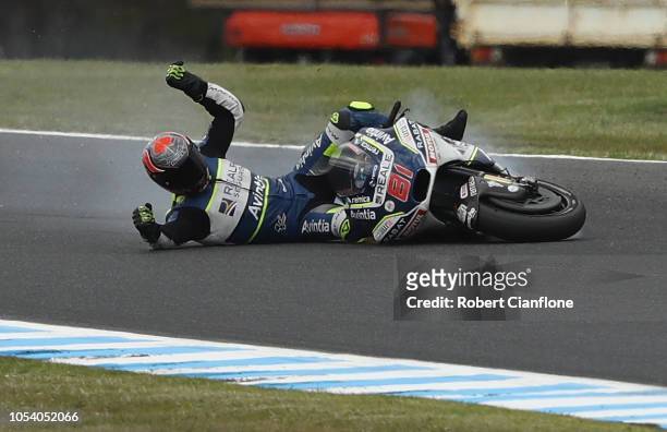 Jordi Torres of Spain and Reale Avintia Racing crashes during practice for the 2018 MotoGP of Australia at Phillip Island Grand Prix Circuit on...