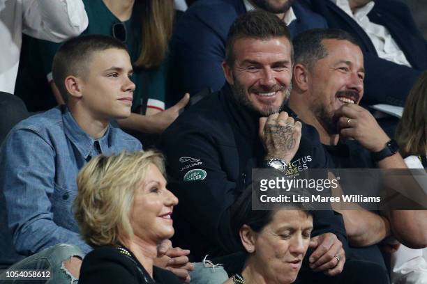 David Beckham and son Romeo Beckham attend the Wheelchair Basketball finals during the Invictus Games on October 27, 2018 in Sydney, Australia. The...