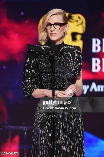 Cate Blanchett accepts the Stanley Kubrick Britannia Award for Excellence in Film presented by Cunard onstage at the 2018 British Academy Britannia...