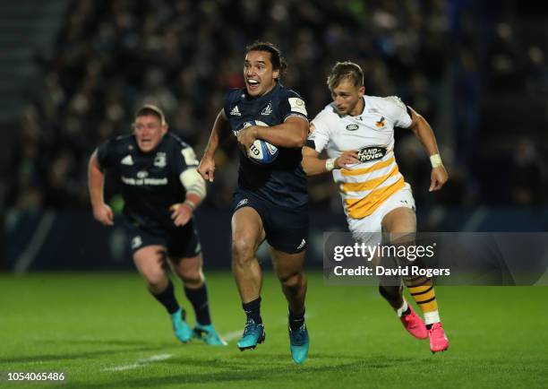 James Lowe of Leinster Rugby breaks with the ball during the Champions Cup match between Leinster Rugby and Wasps at RDS Arena on October 12, 2018 in...