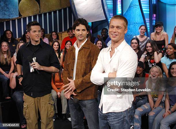 Damien Fahey, Eric Bana and Brad Pitt during Brad Pitt and Eric Bana Visit MTV's "TRL" - May 3, 2004 at MTV Studios, Times Square in New York City,...