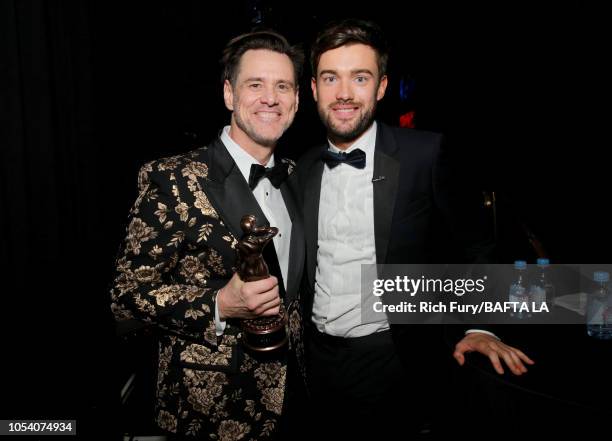 Charlie Chaplin Britannia Award for Excellence in Comedy presented by Jaguar Land Rover winner Jim Carrey poses with host Jack Whitehall at the 2018...