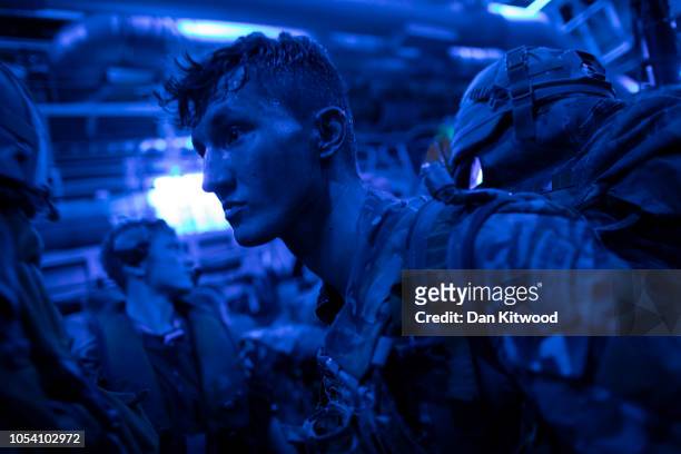 Soldiers from 40 Commando, Royal Marines prepare to head out from RFA Lyme Bay on a night time raid as part of exercise 'Saif Sareea 3' on October...