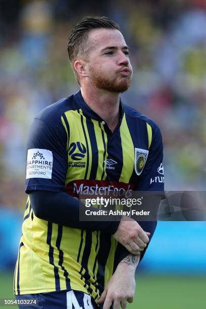 Ross McCormack of the Mariners celebrates his goal during the round two A-League match between the Central Coast Mariners and Melbourne City FC at...
