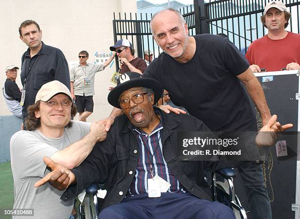 Sonny Landreth, Bo Diddley and Larry Carlton during Crossroads Guitar Festival - Day Three - Backstage at Cotton Bowl Stadium in Dallas, Texas,...