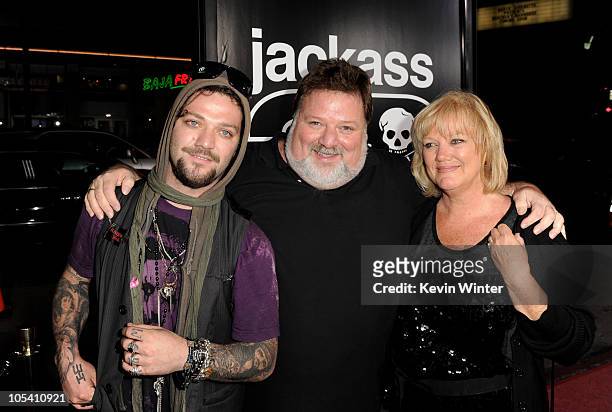 Actor Bam Margera and his father Phil Margera and mother April Margera arrive at the premiere of Paramount Pictures and MTV Films' "Jackass 3D" at...