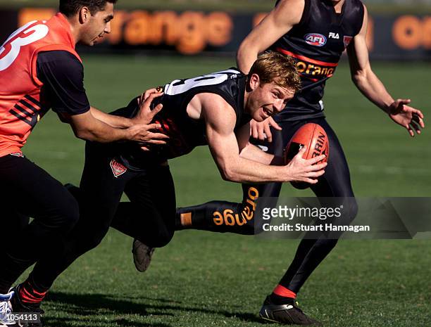 Gary Moorcroft of Essendon attacks the ball during the Essendon Bombers Training Session at Windy Hill , Melbourne , Australia. DIGITAL IMAGE...