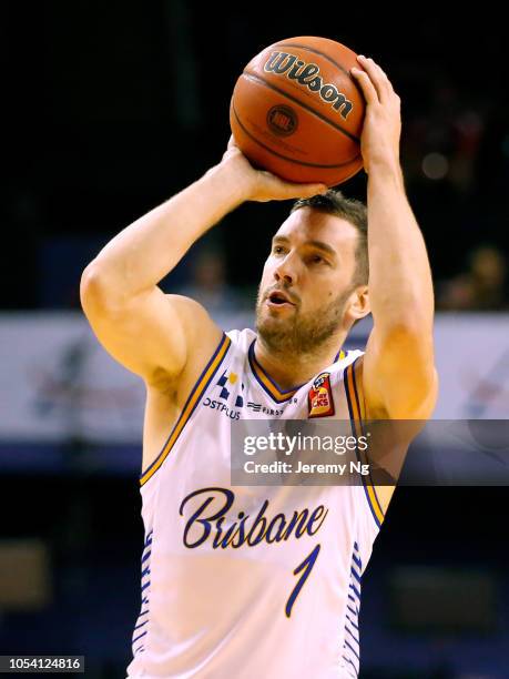 Adam Gibson of the Bullets shoots during the round three NBL match between the Illawarra Hawks and the Brisbane Bullets at Wollongong Entertainment...