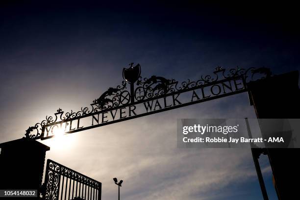 Silhouette of the You'll Never Walk Alone signage outside Anfield, the home stadium of Liverpool prior to the Premier League match between Liverpool...