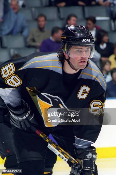 Jaromir Jagr of the Pittsburgh Penguins skates against the Toronto Maple Leafs during the 1999 Quarter Finals of the NHL playoff game action at Air...