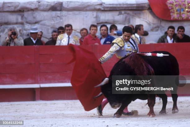 Féria de pentecôte à Nîmes le 21 mai 1991. Le torero Paco OJEDA affrontant un taureau dans l'arène.