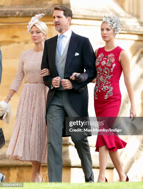 Crown Princess Marie-Chantal of Greece, Crown Prince Pavlos of Greece and Princess Maria-Olympia of Greece attend the wedding of Princess Eugenie of...