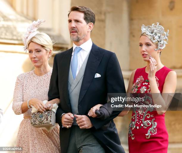 Crown Princess Marie-Chantal of Greece, Crown Prince Pavlos of Greece and Princess Maria-Olympia of Greece attend the wedding of Princess Eugenie of...