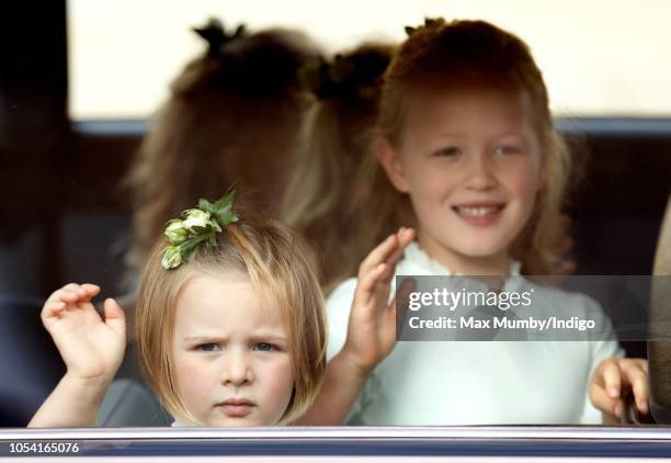 Mia Tindall and Savannah Phillips attend the wedding of Princess Eugenie of York and Jack Brooksbank at St George's Chapel on October 12, 2018 in...