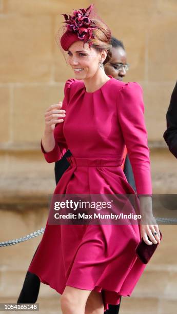 Catherine, Duchess of Cambridge attends the wedding of Princess Eugenie of York and Jack Brooksbank at St George's Chapel on October 12, 2018 in...