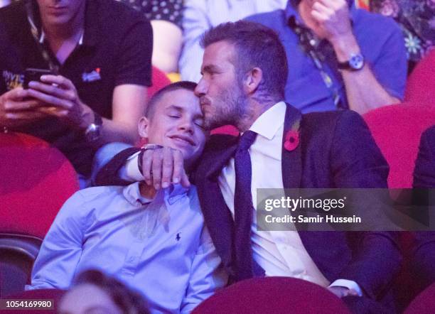 David Beckham and Romeo Beckham attend the closing ceremony of the Invictus Games on October 27, 2018 in Sydney, Australia. The Duke and Duchess of...