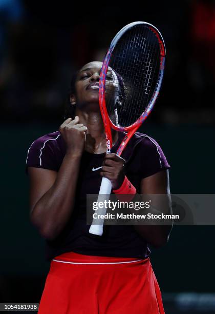 Sloane Stephens of the United States reacts to match point against Karolina Pliskova of the Czech Republic during the women's singles semi final...