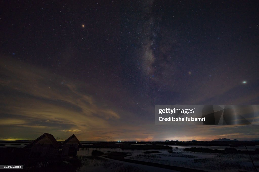 Glimpse of milky way over lake Thale Noi, Phatthalung, Thailand.