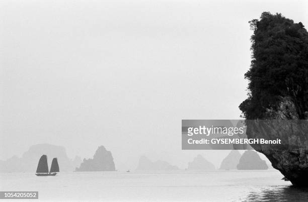 Vietnam, 1989 --- Une jonque dans la baie d'Halong embrumée.