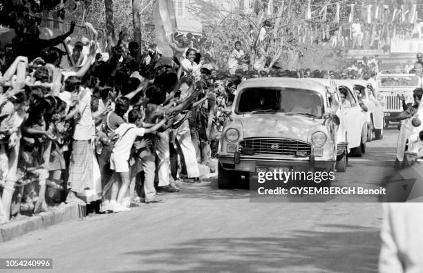 Calcutta, Inde, mars 1987 --- Elections dans l'Etat du Bengale-Occidental. Meeting du Premier ministre indien, Rajiv GANDHI, venu soutenir les...