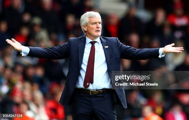 Mark Hughes, Manager of Southampton reacts during the Premier League match between Southampton FC and Newcastle United at St Mary's Stadium on...