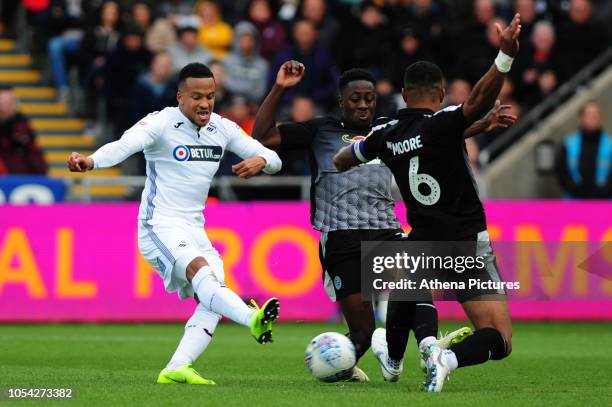 Martin Olsson of Swansea City has a shot during the Sky Bet Championship match between Swansea City and Reading at the Liberty Stadium on October 27,...