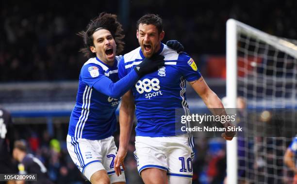 Lukas Jutkiewicz celebrates with Jota of Birmingham after he scores during the Sky Bet Championship match between Birmingham City and Sheffield...