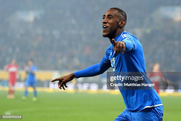 Joshua Brenet of 1899 Hoffenheim celebrates after teammate Joelinton of 1899 Hoffenheim scores their team's second goal during the Bundesliga match...