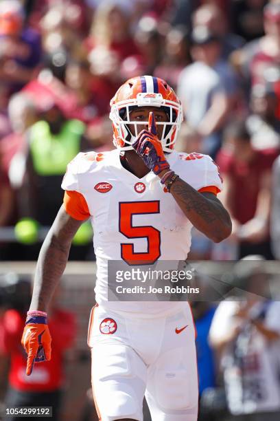 Tee Higgins of the Clemson Tigers reacts after a seven-yard touchdown reception in the second quarter of the game against the Florida State Seminoles...