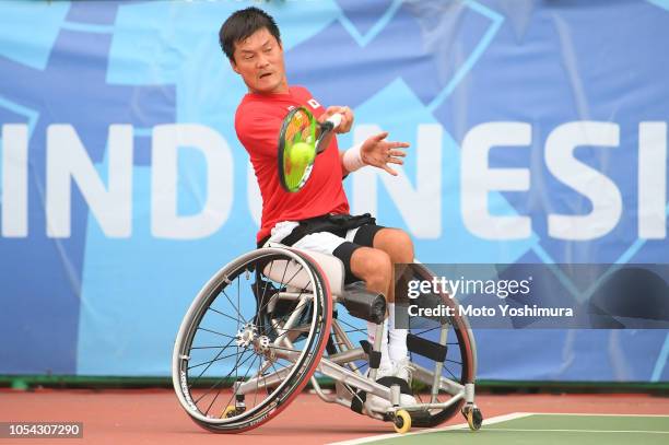 Shingo Kunieda of Japan competes in the Men Singles Gold Medal Matchon day six of the Asian Para Games on October 12, 2018 in Jakarta, Indonesia.