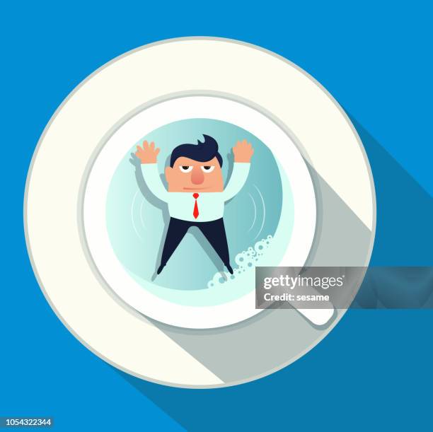businessman lying in the cup resting - guy drinking coffee stock illustrations